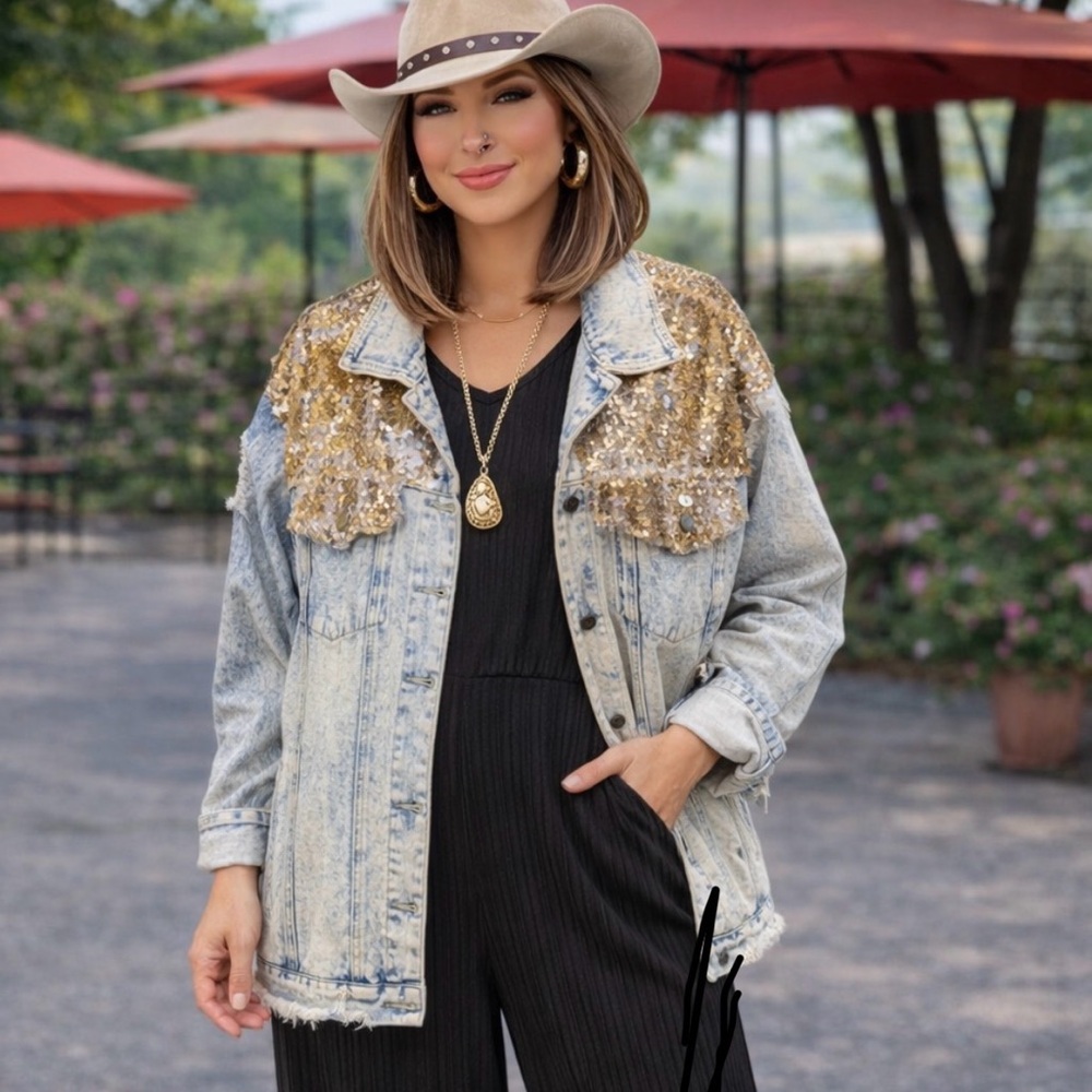 L&B Light Blue Denim Jacket with Gold Sequins